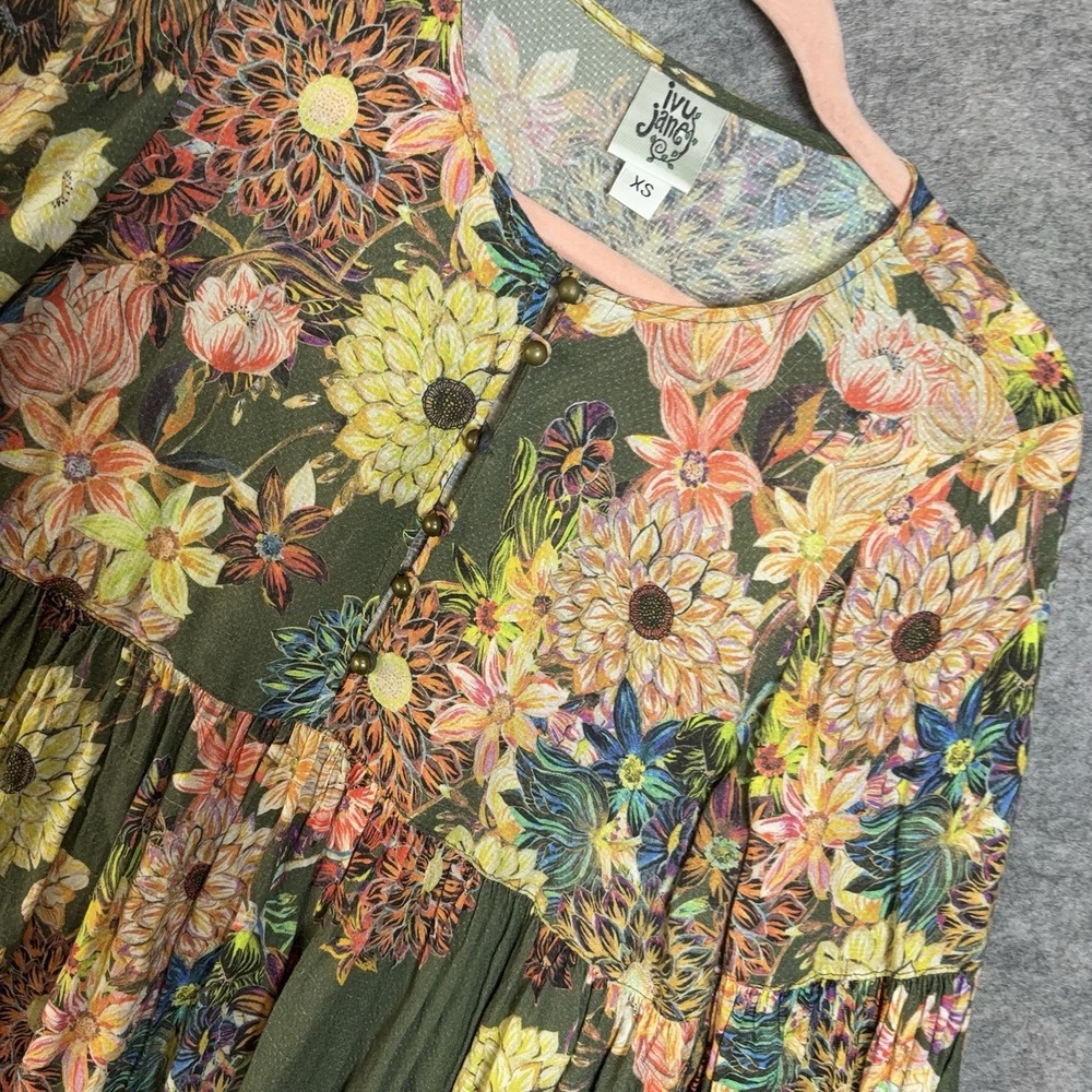 Ivy Jane Babydoll Blouse Womens XS Green‎ Floral Pleated Lightweight Boho Earthy